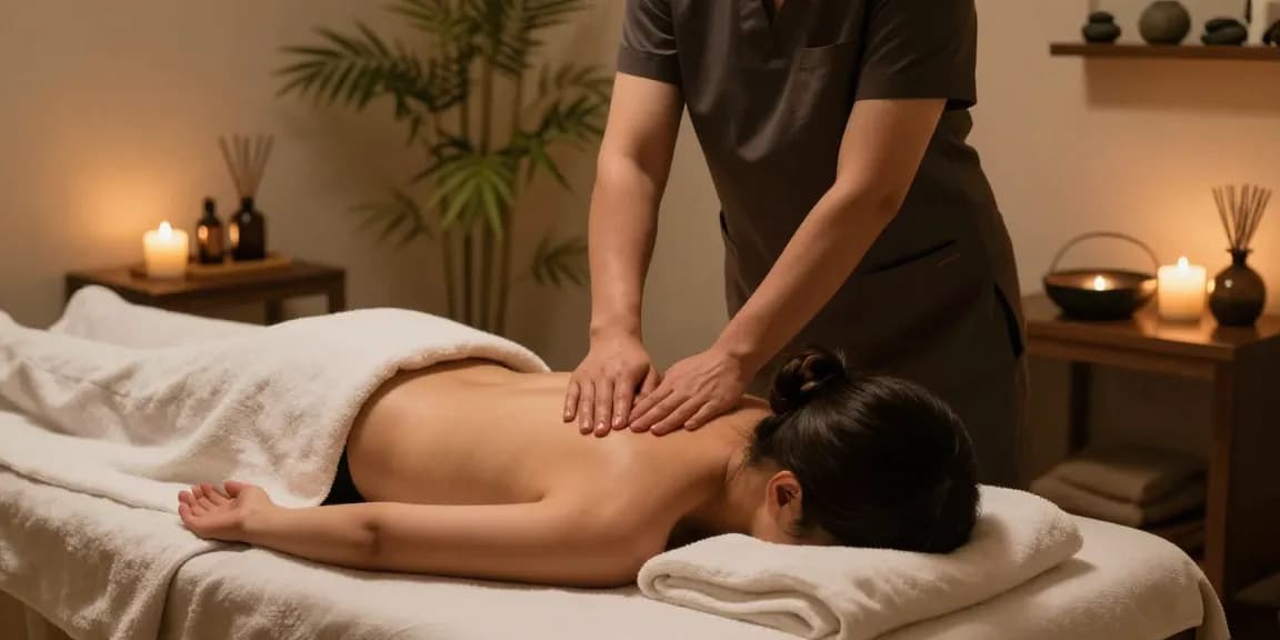 길동출장안마에서 편안한 마사지 치료 중인 모습, 아로마 테라피와 편안한 분위기의 마사지 룸