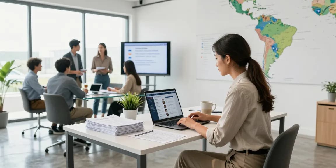 Recruiter hiring remote employees Latin America, vibrant office setting with team collaboration.