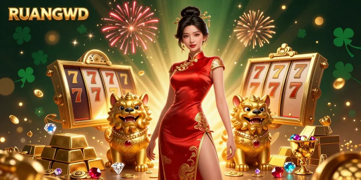 Play exciting slots with RUANGWD in this vibrant 3D casino scene filled with treasures and fireworks.