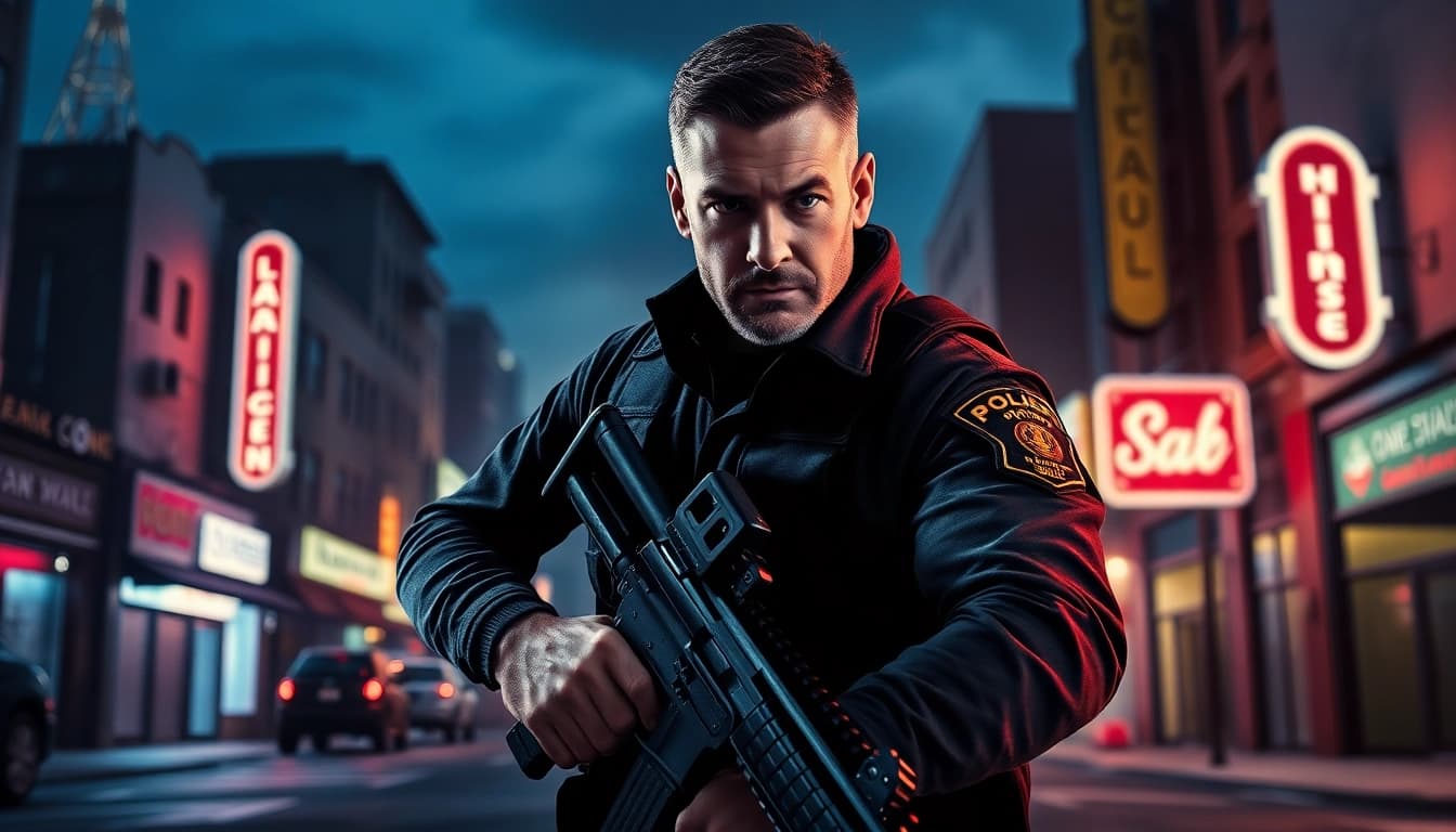 A Deadly Chance thriller book cover depicting a rugged LAPD officer in an urban night setting.
