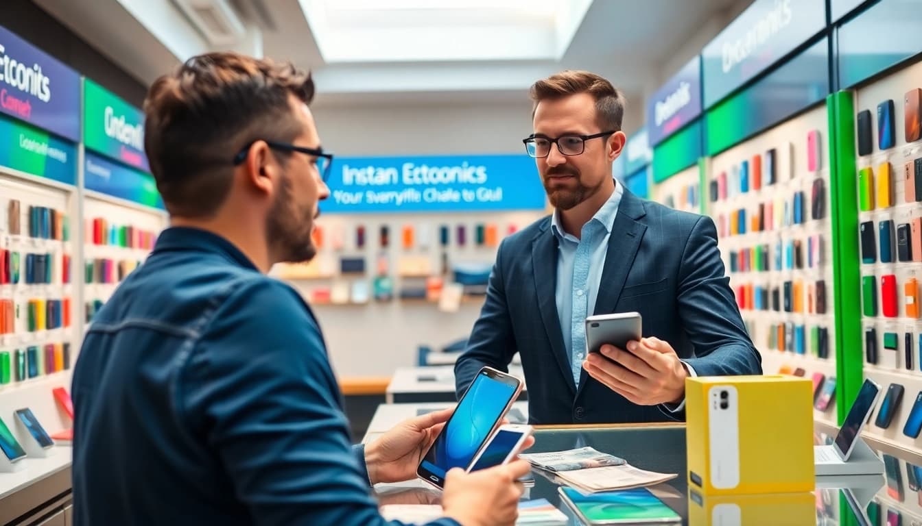 Sell phone for instant cash with vibrant smartphone displays and professional staff in an electronics store.