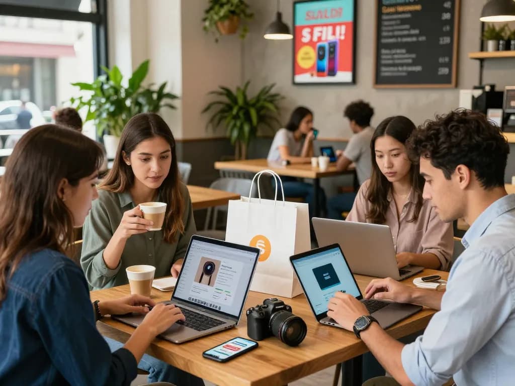 Vibrant online shopping scene at a café highlighting engaging e-commerce experiences on https://hubet88.icu/ with customers exploring products.