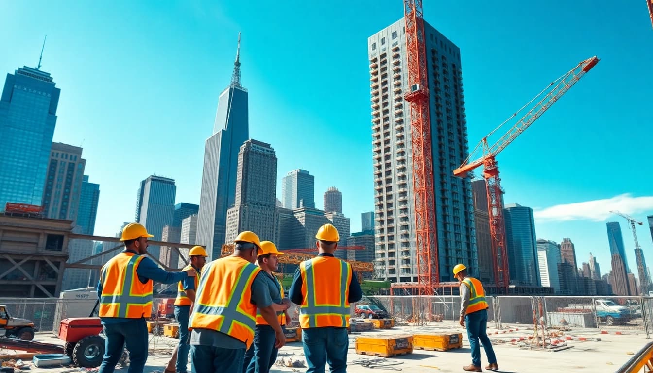 New York Commercial General Contractor overseeing a bustling construction site, showcasing teamwork and urban environment.