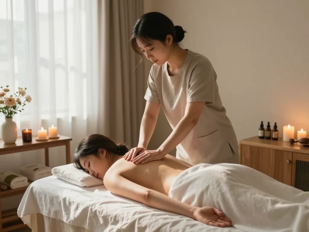 고요한 웰빙 센터에서 치료사를 강조한 편안한 인계동마사지 장면, 차분한 분위기를 조성합니다.