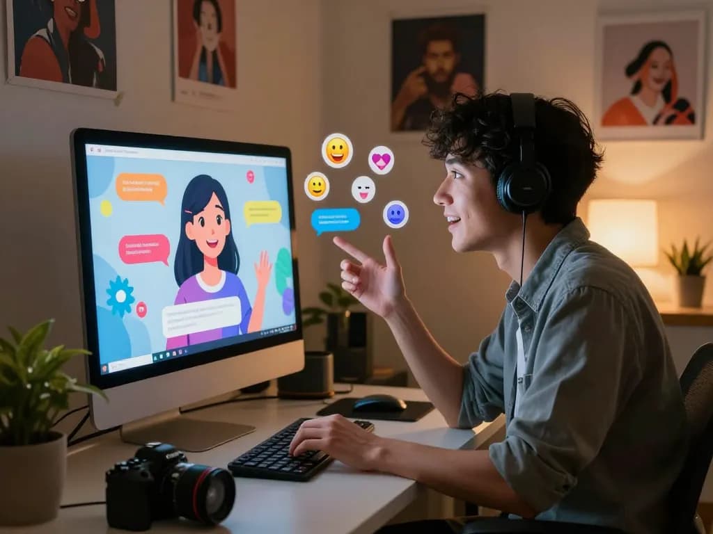 Engaging chat with an AI girlfriend chatbot in a cozy home office setting.