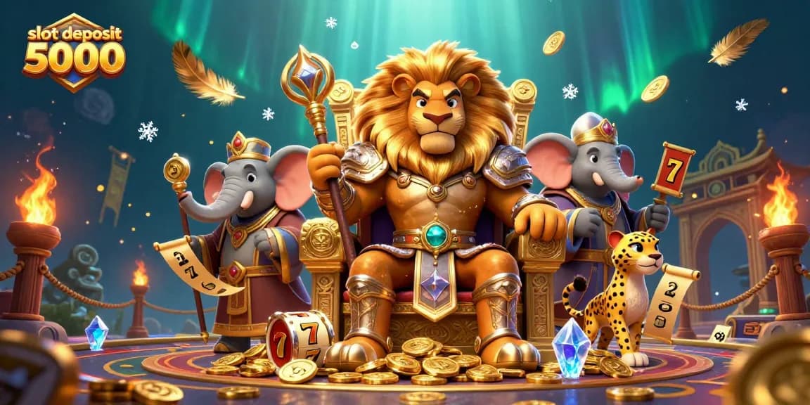 Play and win with slot deposit 5000, featuring vibrant casino-themed characters and dynamic elements.