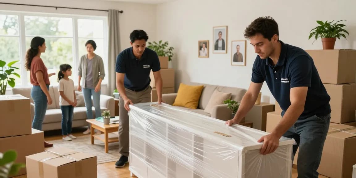 Men on Mission movers carefully packing furniture, ensuring safe relocation in a bright home.