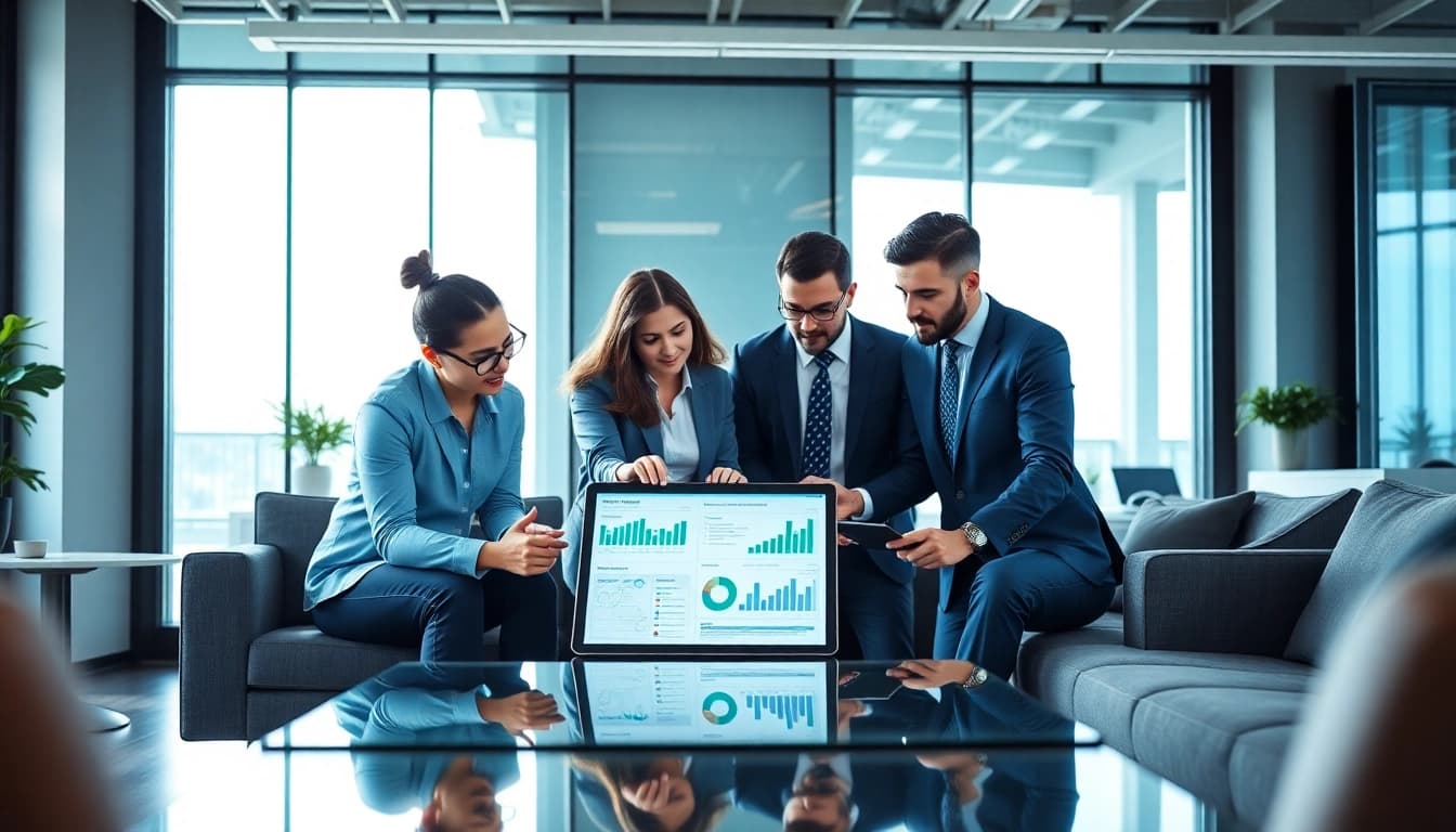 Analyze competitive intelligence data with a diverse business team in a modern office.