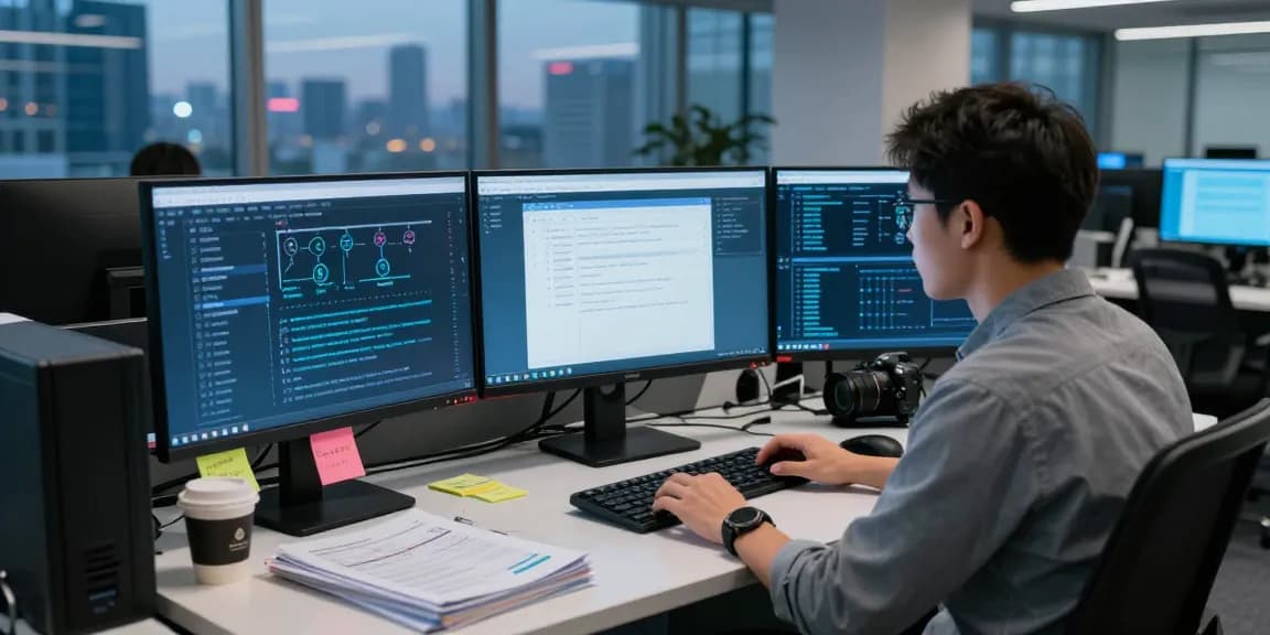 Cybersecurity expert analyzing browser security protocols at https://shs-dome5.com/ in a modern office.