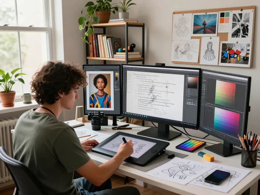 Artist generating prompts from images in a creative digital art studio.
