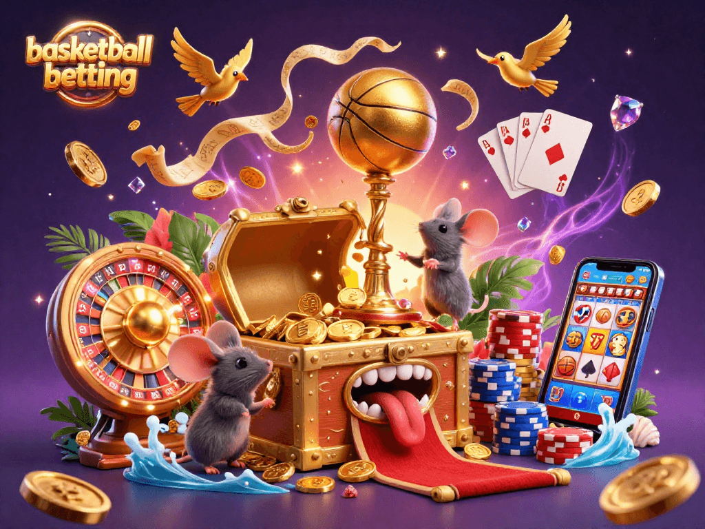 Engage in basketball betting with a vibrant 3D scene showcasing golden trophies and playful elements.