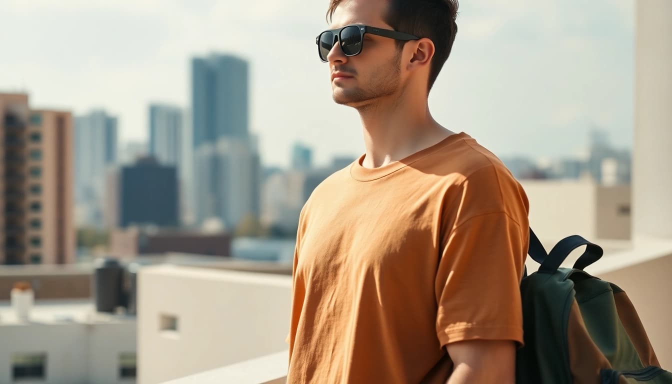 Model showcasing a drop shoulder t shirt, exuding casual elegance against a city backdrop.