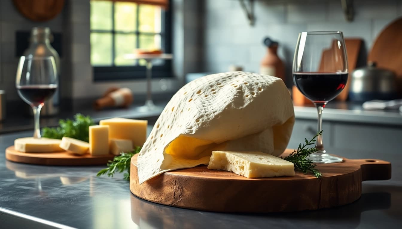 Kaasdoek draped over cheese board with artisanal cheeses and fresh herbs in the kitchen