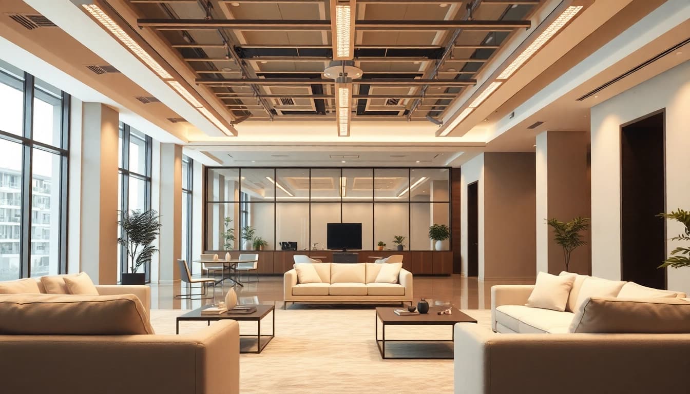 Sleek Illumination creates a tranquil interior with modern lighting design and harmonious furnishings.