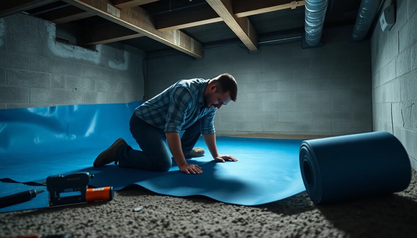 Vapor Barrier Installation process with a contractor sealing edges in a crawlspace.