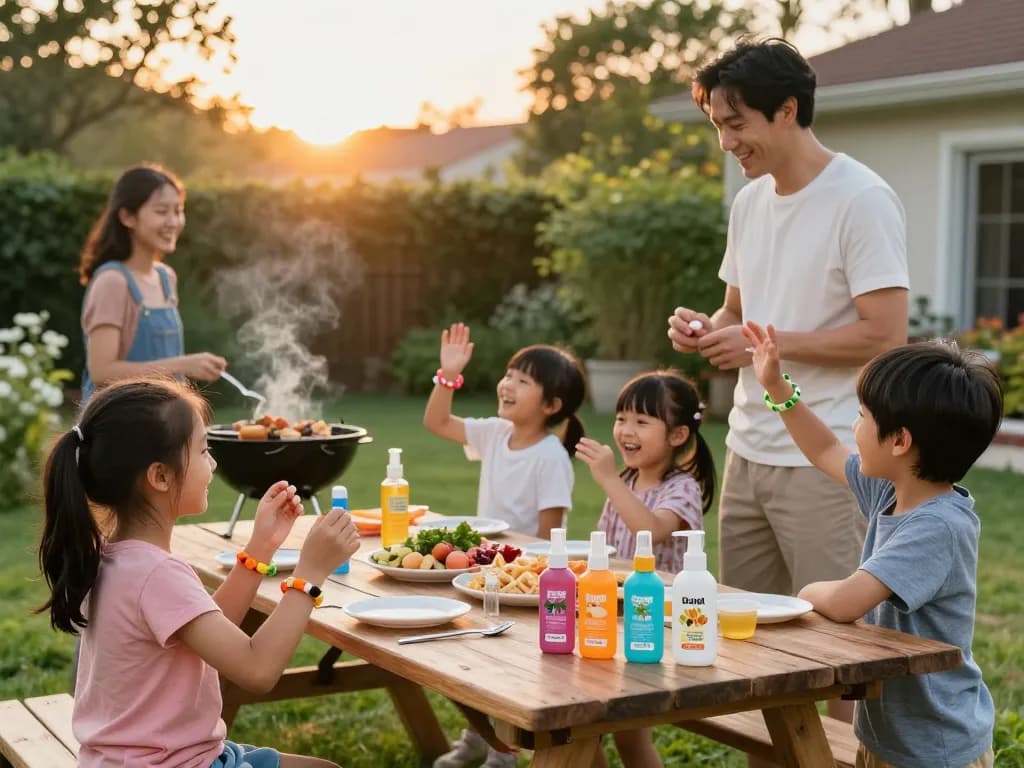 Family enjoying a backyard barbecue while using mosquito repellent products for outdoor protection.