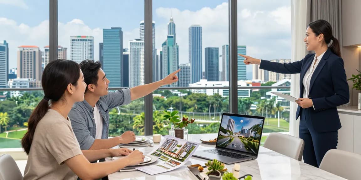 Tanjong Rhu Residences showcased with a couple exploring skyline views and discussing potential home.