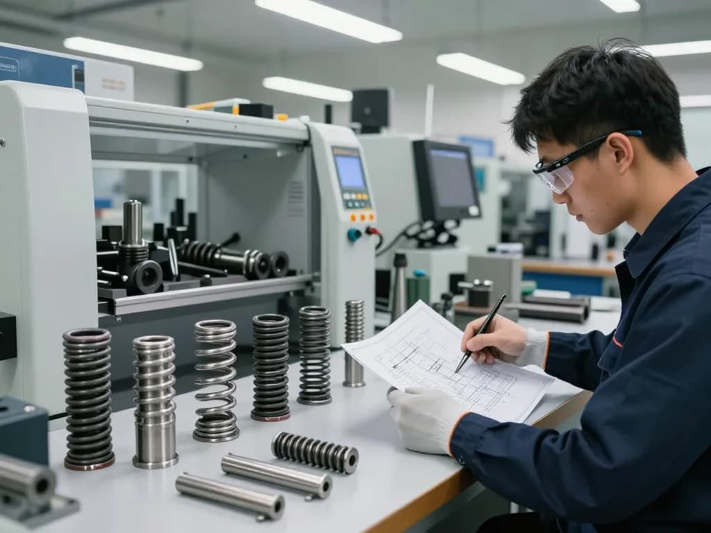 Procesul de producție al arcurilor personalizate cu tehnician calificat analizând desene pentru Arcuri la comanda într-un atelier profesional.
