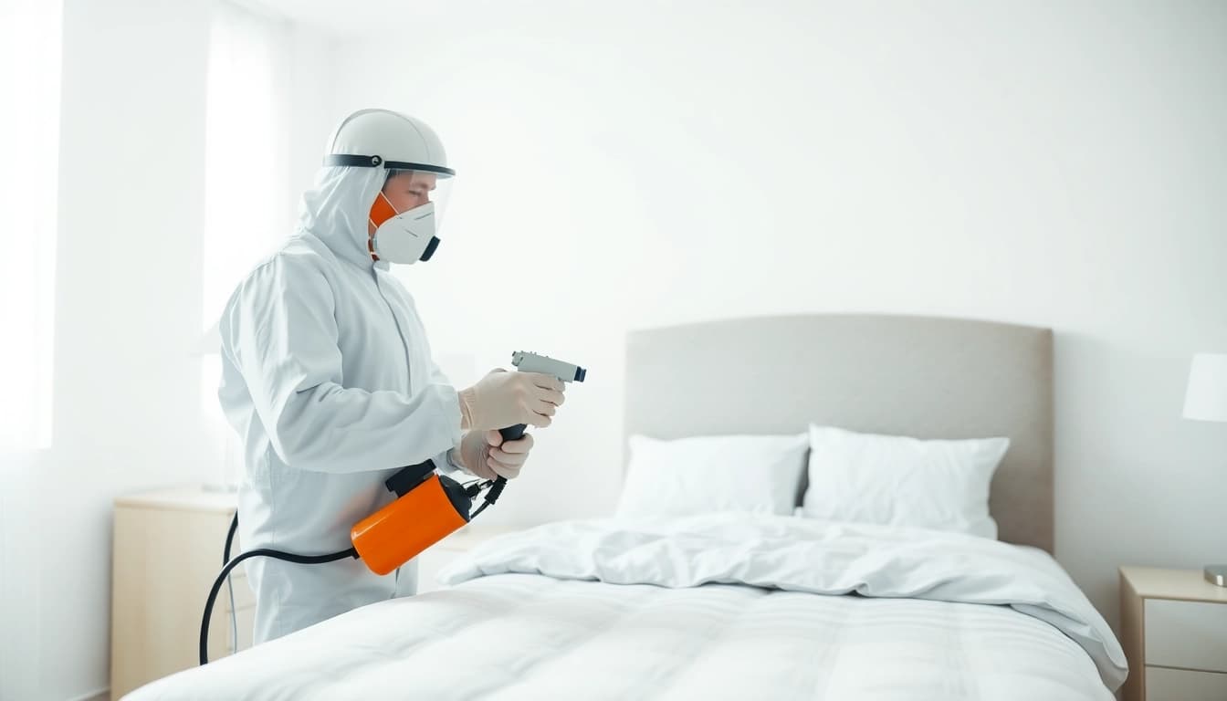 Applying bed bug chemical treatment by a professional in a clean room