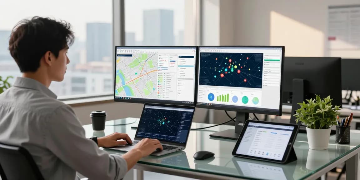 Data analyst utilizing geosearchly for geospatial insights in a modern office.