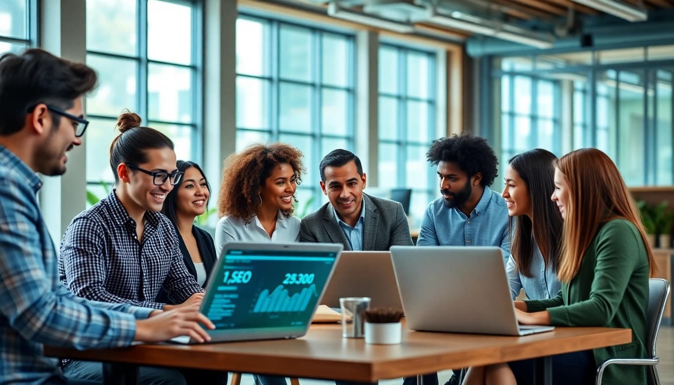 Engaging teamwork at an affordable SEO company in a modern workspace, showcasing collaboration.
