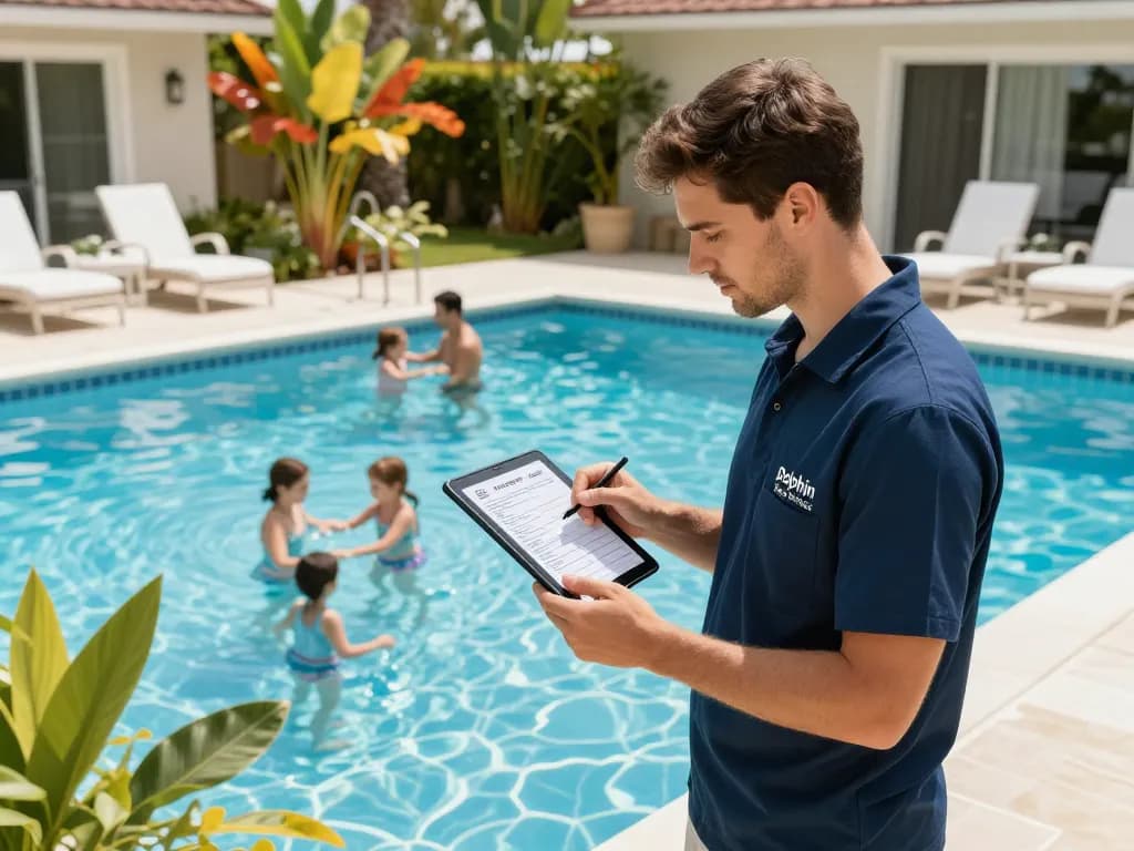 Dolphin Pool Services technician providing expert maintenance with a digital tablet beside a sparkling pool.