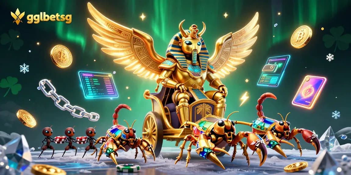 Bet on the thrilling esports realm with gglbetsg featuring a golden scarab, vibrant cryptocurrencies, and dynamic action.