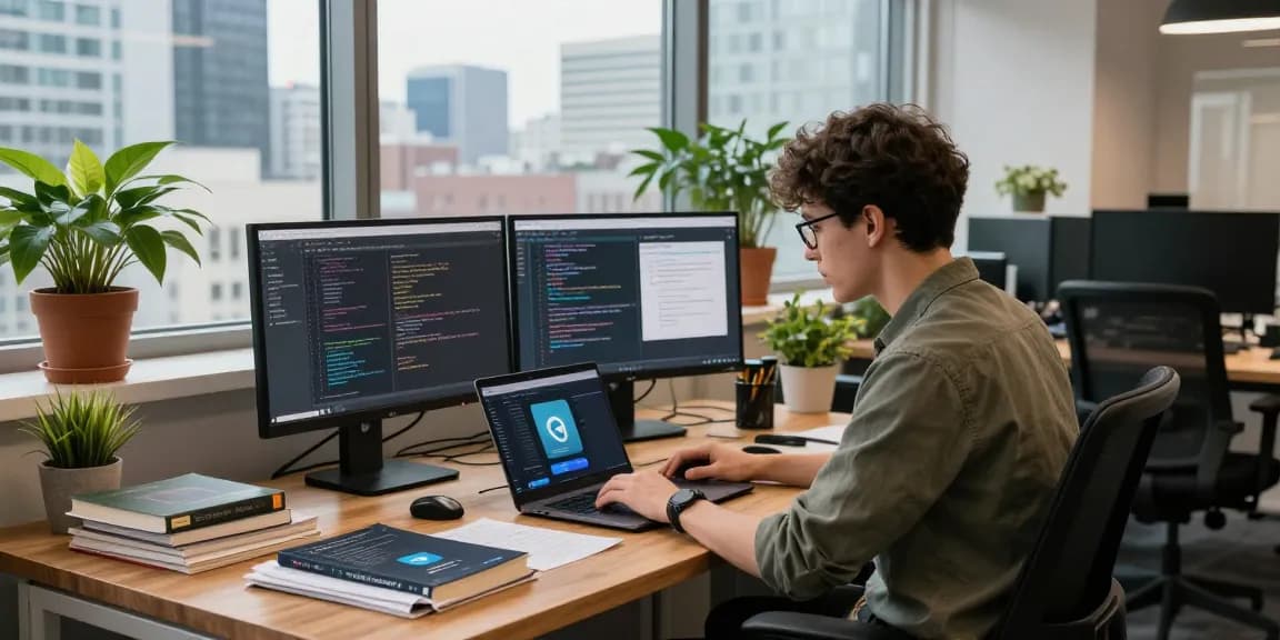 Developer engaging with the latest 纸飞机中文版 app in a vibrant tech office.