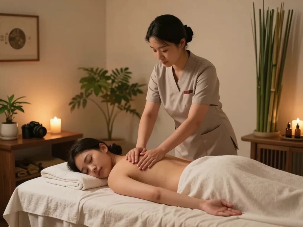 전문 치료사와 평화로운 분위기를 갖춘 고요한 스파 환경에서 이완과 치유를 촉진하는 마사지 치료 세션, 논현동마사지 강조