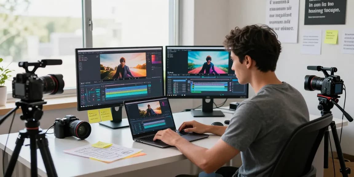 Content creator working on prompt ai generation at a modern digital workspace with video editing tools.