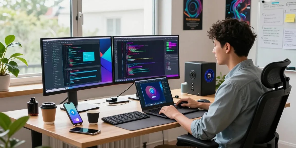 Focused coder using telegram中文 on multiple screens in a vibrant workspace filled with high-tech gadgets.