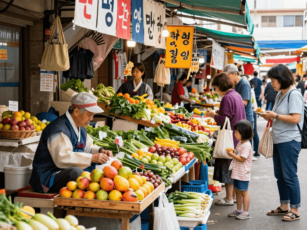 달토 전통시장, 신선한 농산물과 활기찬 고객의 모습