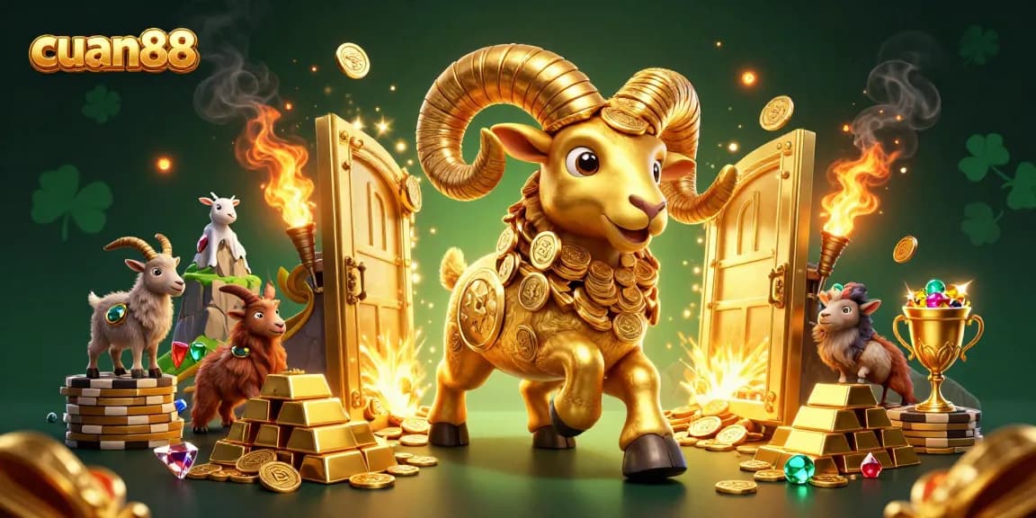 Raih kemenangan besar di cuan88 sambil menyaksikan ram emas berlari di antara tumpukan harta karun dan simbol slot.
