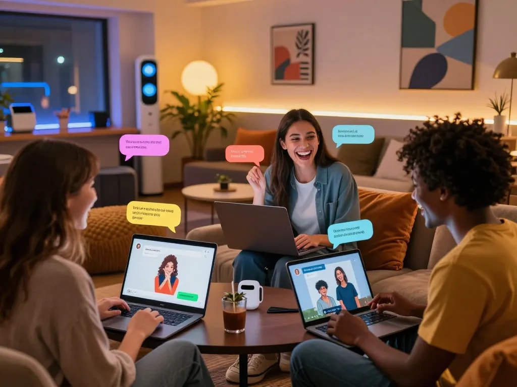 Interactive sex chat AI scene with friends in a vibrant virtual lounge, showcasing playful engagement and modern technology.
