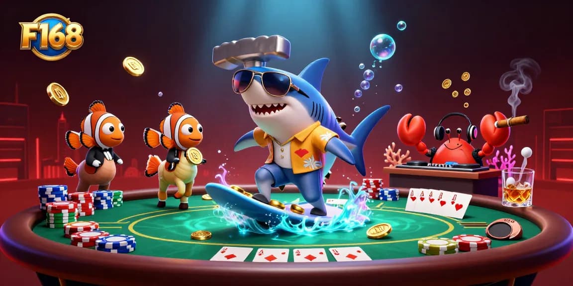 Experience F168's virtual casino thrills with a vibrant 3D shark surfing on coins and lively gaming elements.