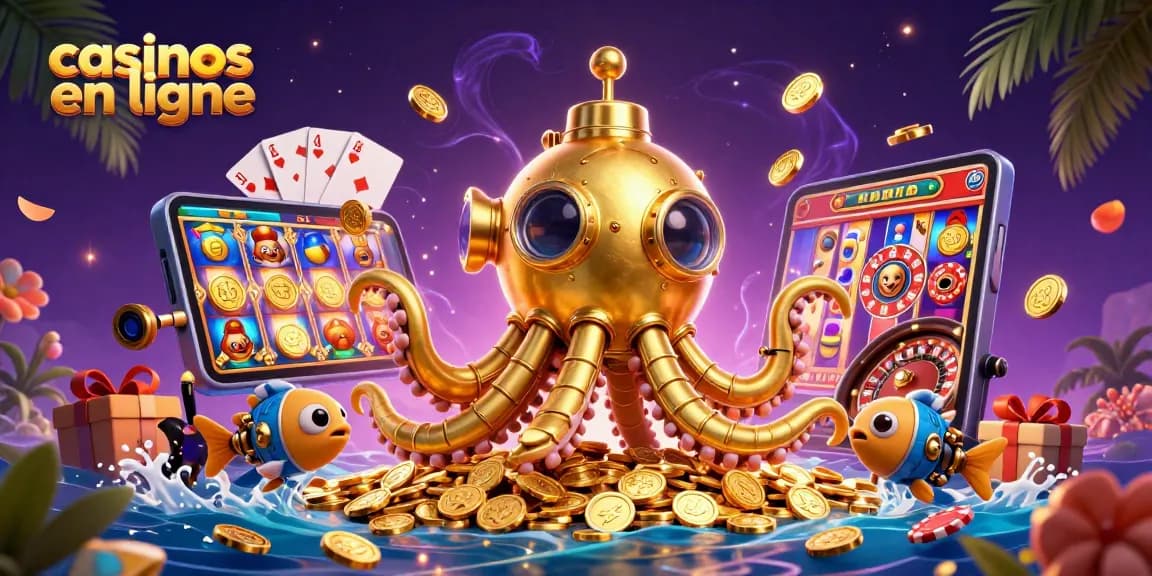 Découvrez les casinos en ligne avec un kraken doré et des jeux trépidants au milieu des pièces d'or.