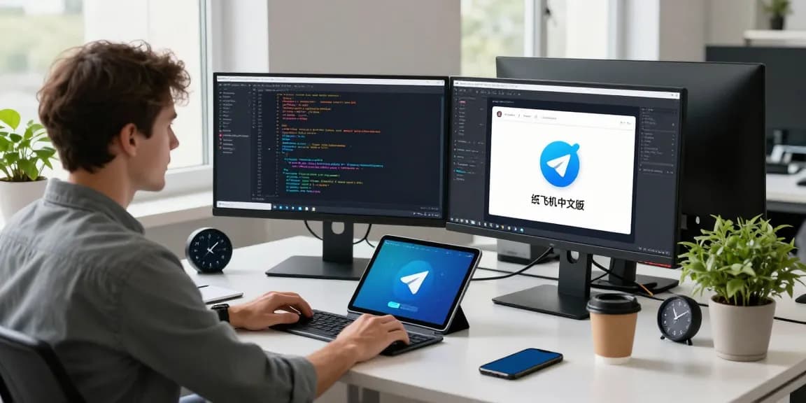 Developer coding in a modern workspace, demonstrating 纸飞机中文版 app features on multiple screens.