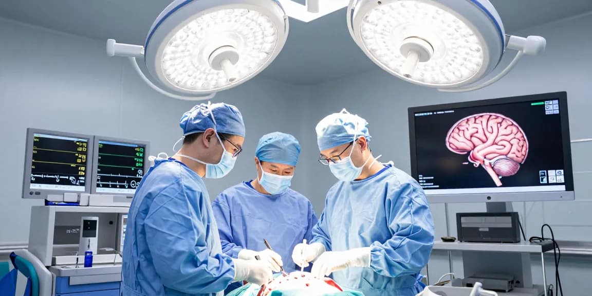 Beyin tümörü ameliyatı in action, showcasing a neurosurgeon and medical team performing surgery with advanced tools and technology.
