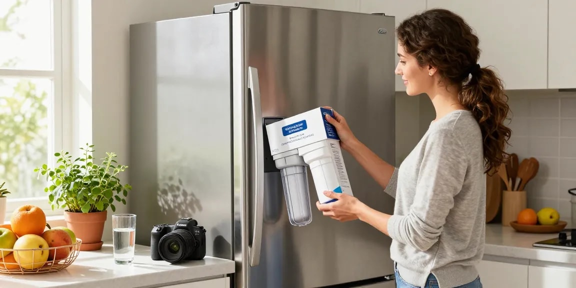 Waterdrop WF401 Replacement for Amana® Clean N Clear WF401 filter being installed in a modern kitchen, showcasing cleanliness and freshness in a bright home.