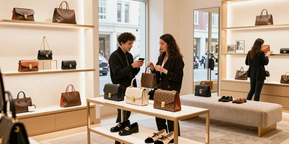 Fashion enthusiast exploring 레플리카 luxury items in a chic boutique setting.