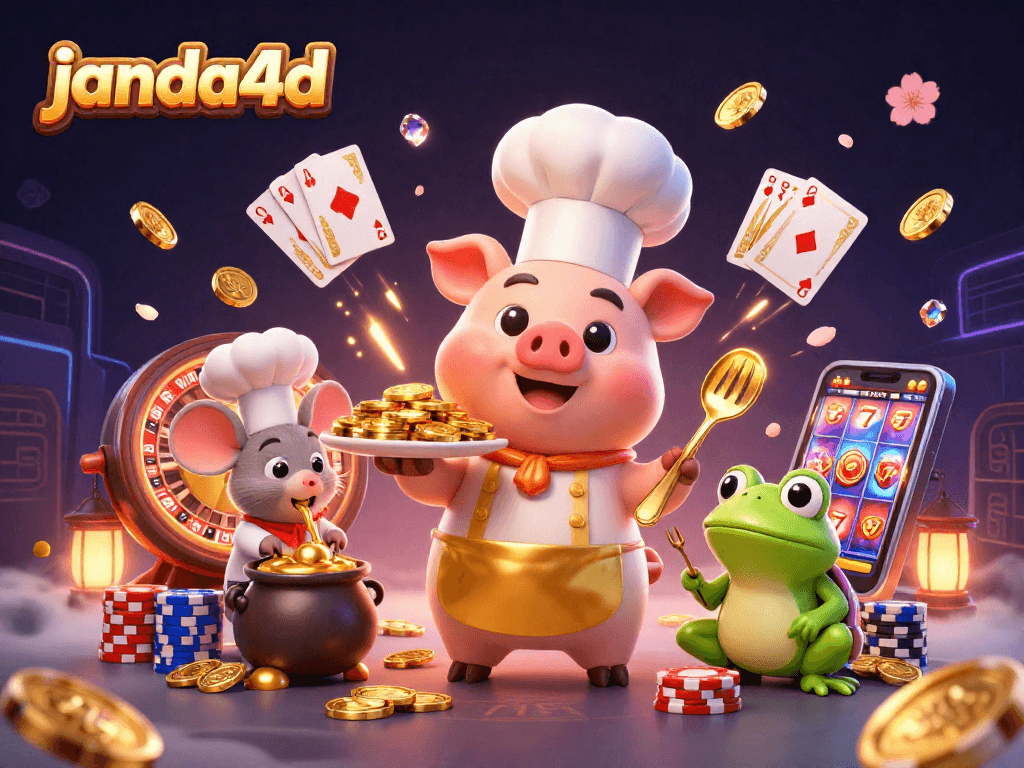 Menangkan permainan di janda4d dengan chef kartun menyajikan koin emas dan elemen kasino yang mengesankan.