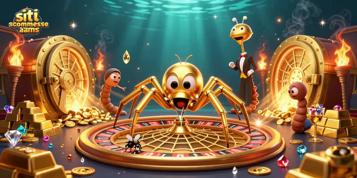 Scopri i migliori siti scommesse non AAMS mentre una mosca scommette nervosamente, circondata da tesori d'oro.