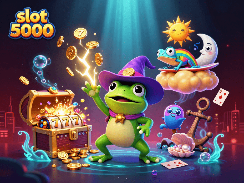 Experience the thrill of slot 5000 with golden coins and exciting game elements in a vibrant casino illustration.