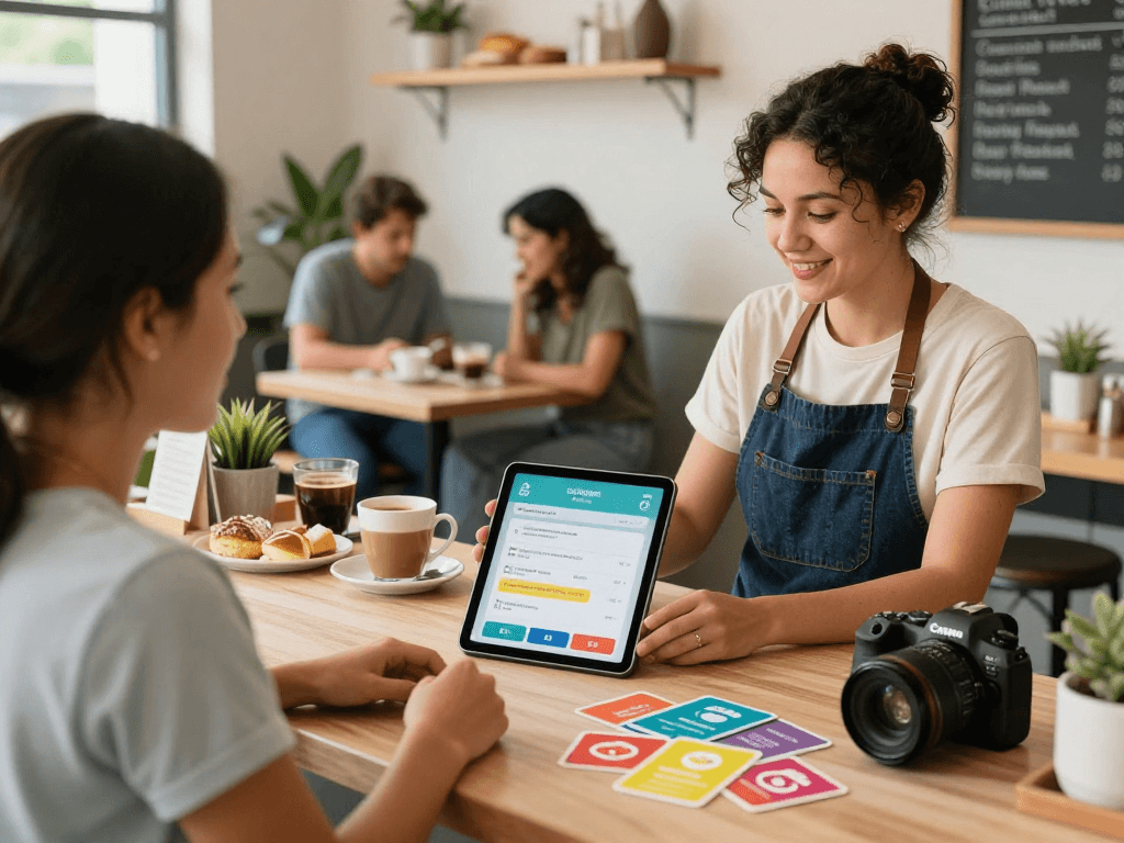 Loyalty program engagement at a café with customers enjoying rewards through a mobile app.