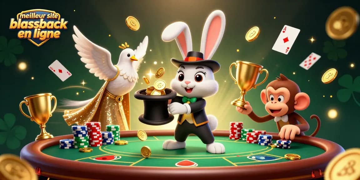 Le meilleur site blackjack en ligne propose une illustration captivante avec un lapin magicien et des éléments de poker.