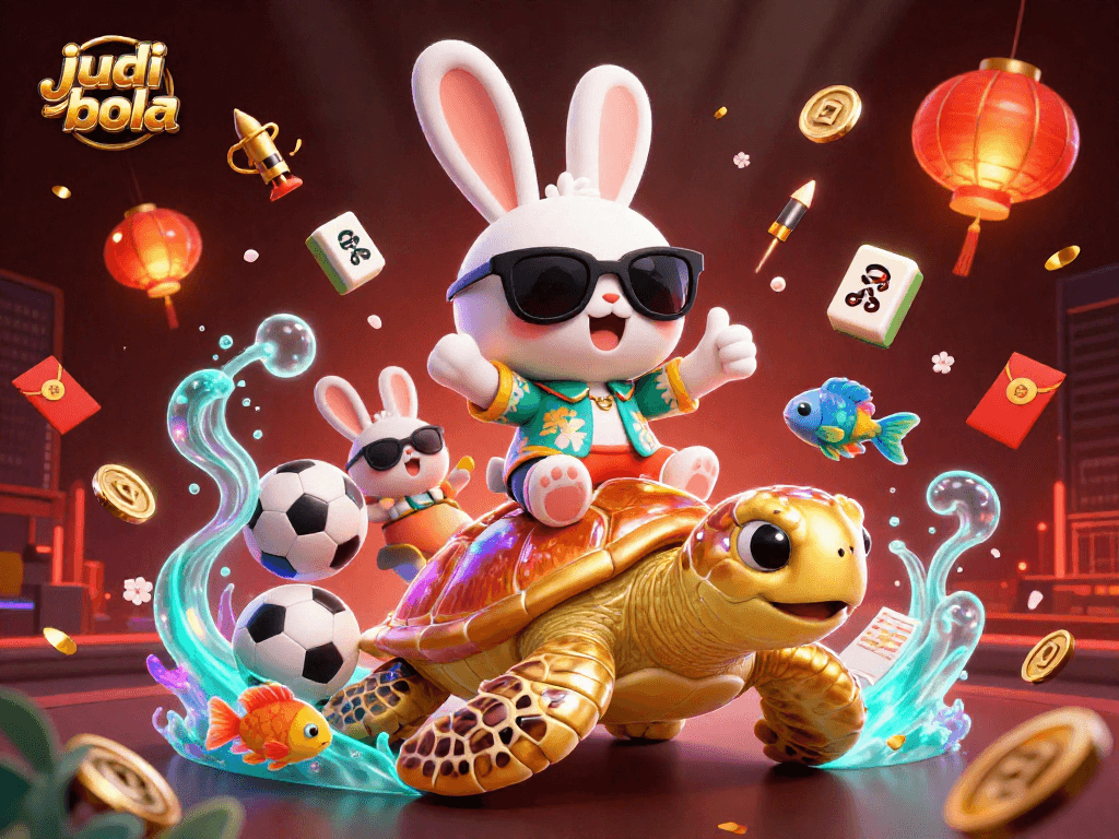 Desain ilustrasi 3D judi bola yang menampilkan kelinci beruntung dan kura-kura emas dalam aksi taruhan olahraga.