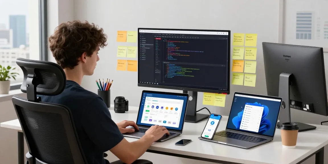 Developer optimizing telegram中文 app features in a bright workspace, showcasing coding and design elements