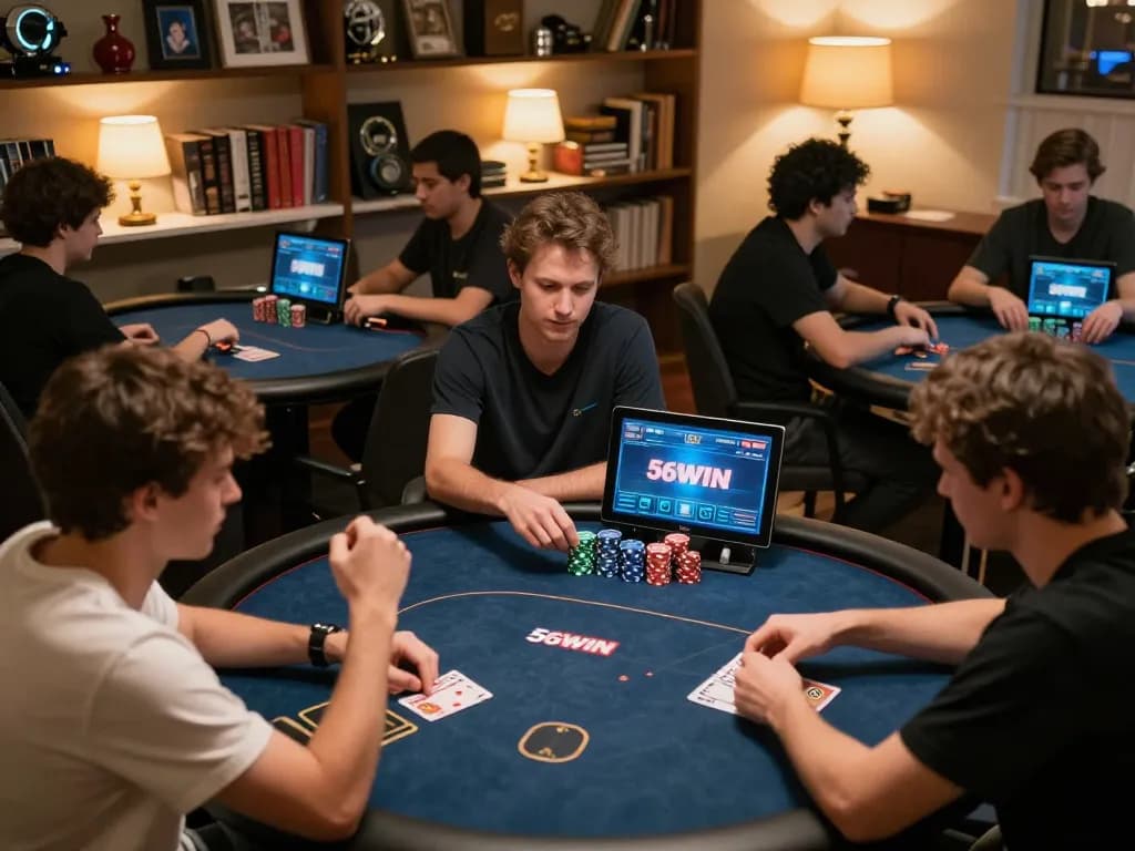 Engaged players at home utilizing the 56WIN platform for online poker strategy and gameplay.