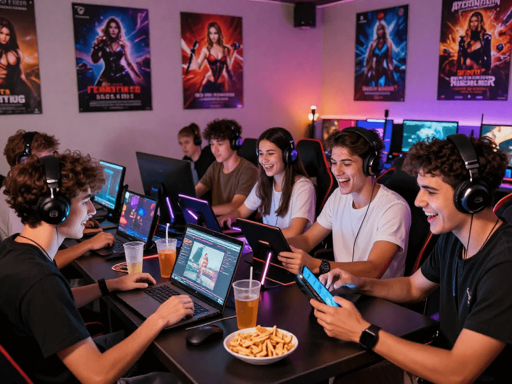 Friends enjoying multiplayer sex games in a vibrant gaming lounge, showcasing a fun atmosphere.