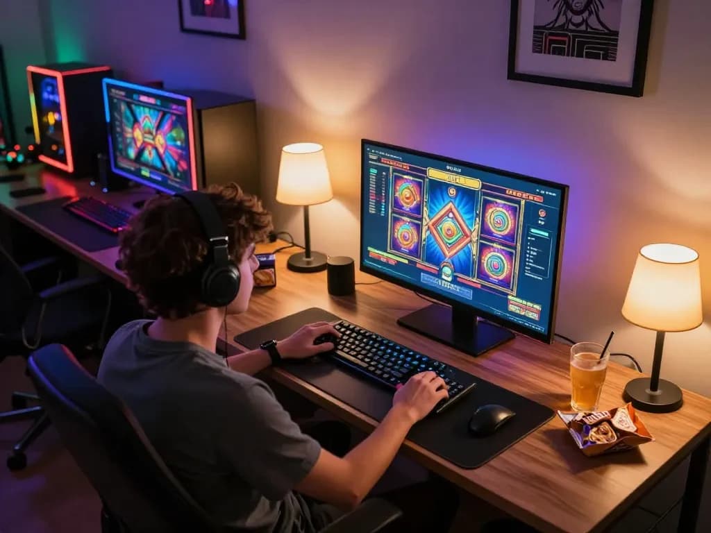 Engaging with a thrilling slot bet 50 game on a modern computer, showcasing responsible gaming.